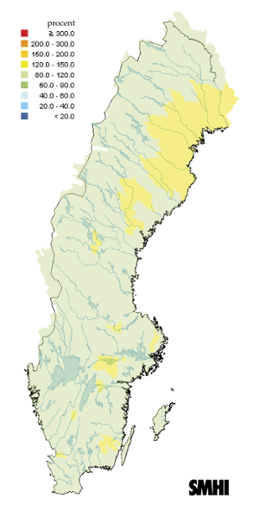 Karta över beräknade markvattenhalt i procent av den normala, 15 november 2012