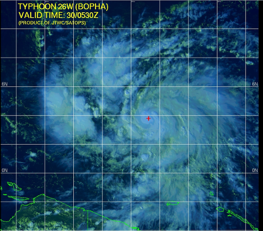 Satellitbild som visar den tropiska cyklonen Bophas position 30 november 2012.