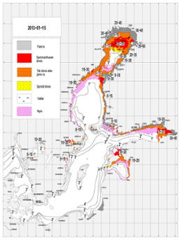 Karta över ytvattentemperatur i havet 15 januari 2013