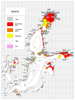 Karta över ytvattentemperatur i havet 31 januari 2013