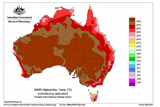 Karta över Australien som visar högsta rapporterade temperaturen under perioden 1-18 januari 2013.