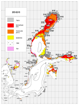 Karta över ytvattentemperatur i havet 15 februari 2013