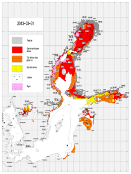 Karta över ytvattentemperatur i havet 31 mars 2013
