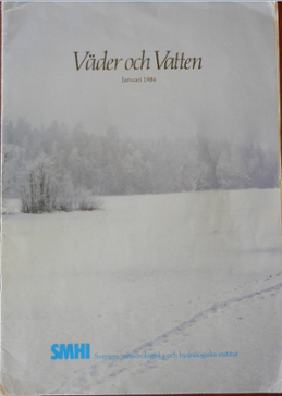 Ett snölandskap på framsidan till första numret av Väder och Vatten januari 1984