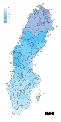 Karta över medeltemperaturen i mars 2013. 