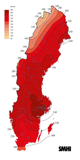 Karta med soltimmar under mars 2013. 