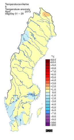 Preliminär avvikelse från normal medeltemperatur i april 2013. 