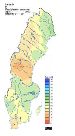 Preliminär avvikelse från normal nederbörd i april 2013.
