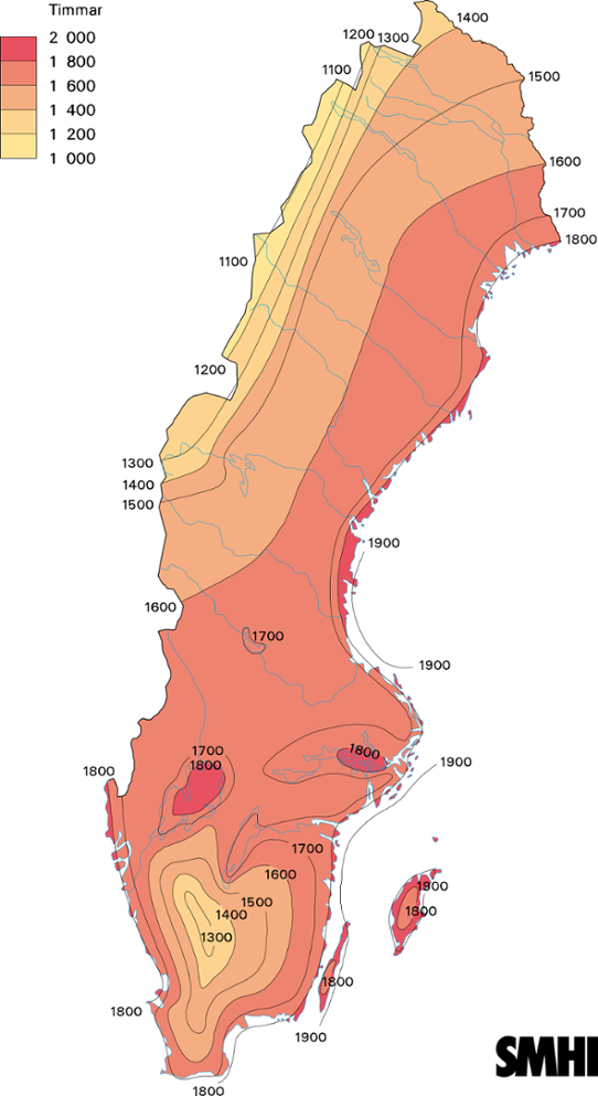 Normalkarta solskenstid under ett år 1961-1990