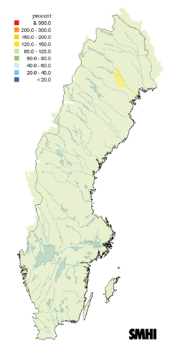 Karta över beräknade markvattenhalt i procent av den normala, 15 maj 2013