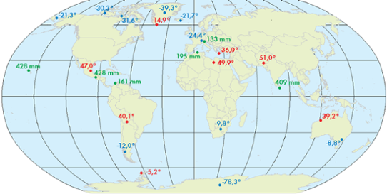 Högsta och lägsta temperaturer samt största nederbördsmängder under 24 timmar i maj 2013. 