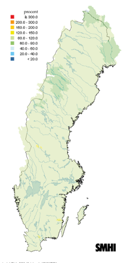 Karta över beräknade markvattenhalt i procent av den normala, 15 juni 2013