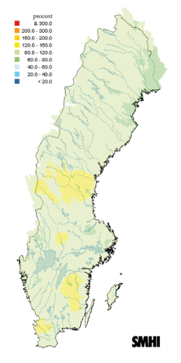 Karta över beräknade markvattenhalt i procent av den normala, 15 augusti 2013