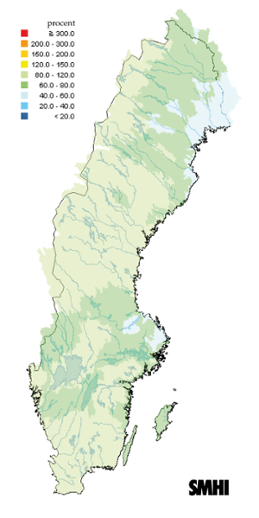 Karta över beräknade markvattenhalt i procent av den normala, 15 september 2013
