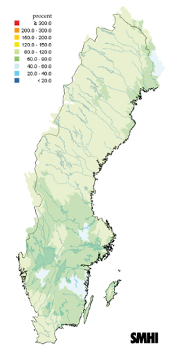Karta över beräknade markvattenhalt i procent av den normala, 15 oktober 2013