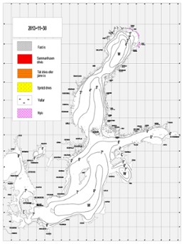 Karta över is och ytvattentemperatur i havet 30 november 2013