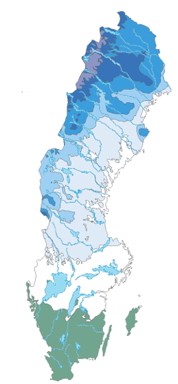 Sverigekarta där snödjupet ritats ut med hjälp av olika färgade fält, illustration.