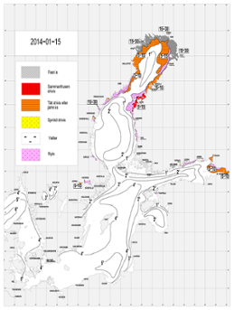 Karta över is och ytvattentemperatur i havet 15 januari 2014
