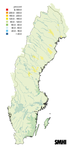 Karta över beräknade markvattenhalt i procent av den normala, 15 mars 2014
