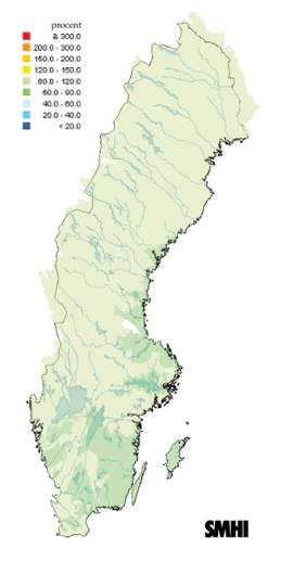 Karta över beräknade markvattenhalt i procent av den normala, 15 april 2014