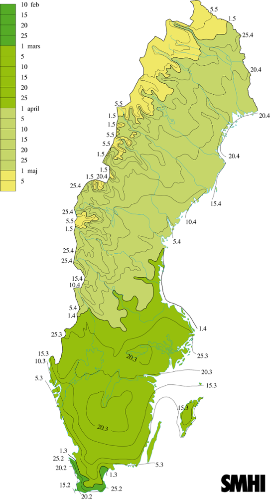Normalkarta vårens början genomsnittlig datum 1961-1990