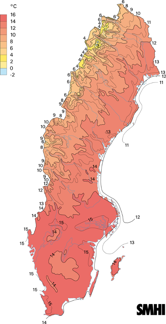 Normal medeltemperatur 1961-1990 juni