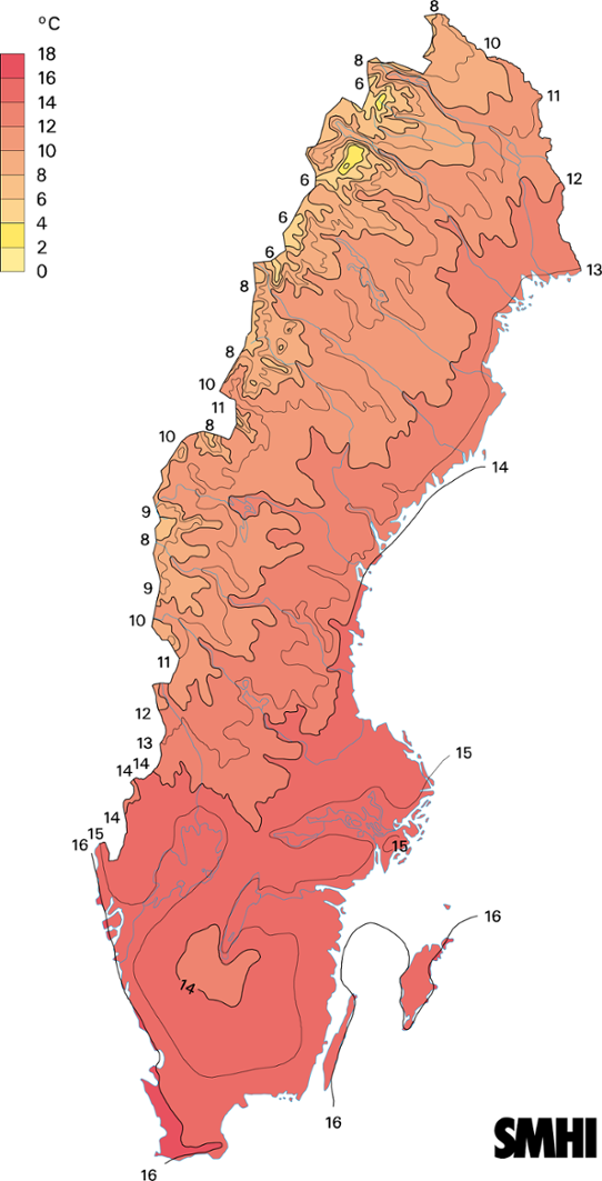 Normal medeltemperatur 1961-1990 augusti