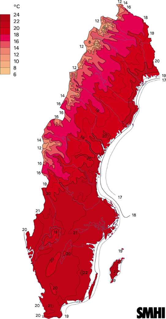 Normalkarta dygnets maximitemperatur medelvärde 1961-1990 juli