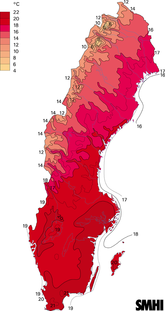 Normalkarta dygnets maximitemperatur medelvärde 1961-1990 augusti