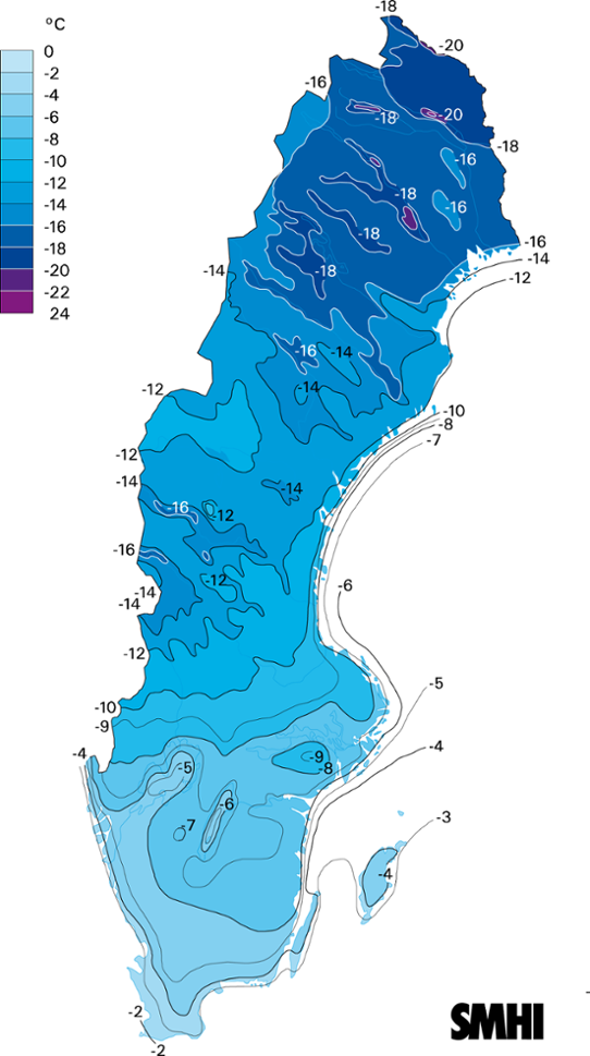 Normalkarta dygnets minimitemperatur medelvärde 1961-1990 februari