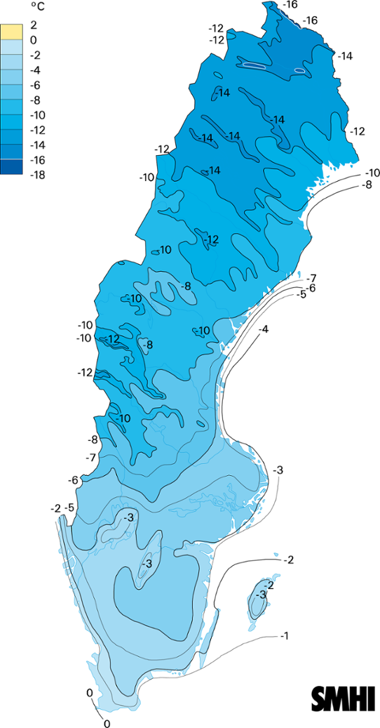 Normalkarta dygnets minimitemperatur medelvärde 1961-1990 mars