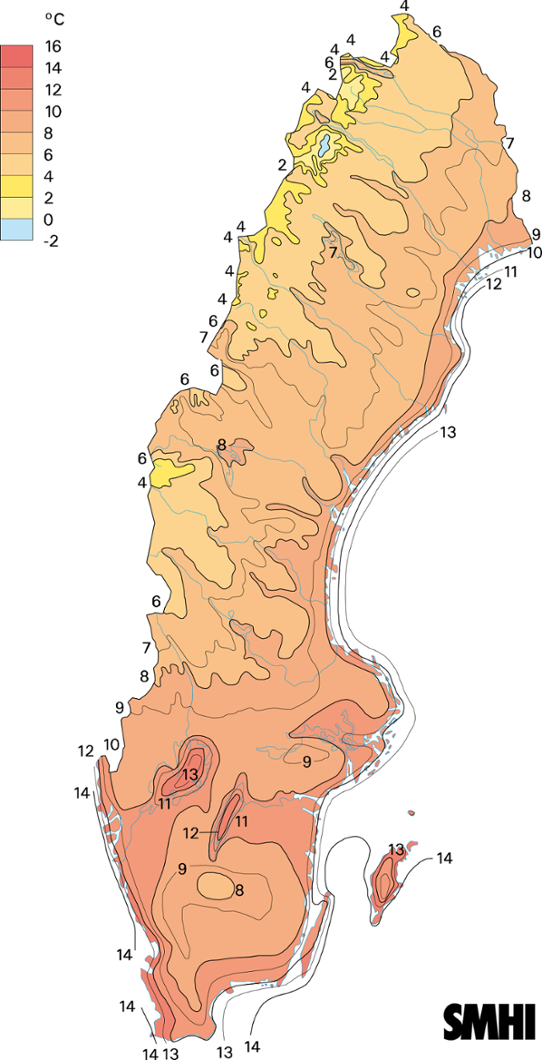 Normalkarta dygnets minimitemperatur medelvärde 1961-1990 augusti