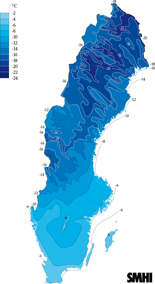 Normalkarta medeltemperatur i januari som underskrids i genomsnitt vart 10:de år
