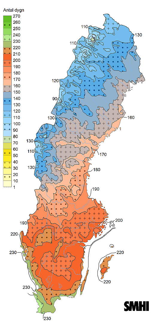 Normalkarta vegetationsperiodens läng genomsnittligt antal dygn med medeltemperatur över +5 °C 