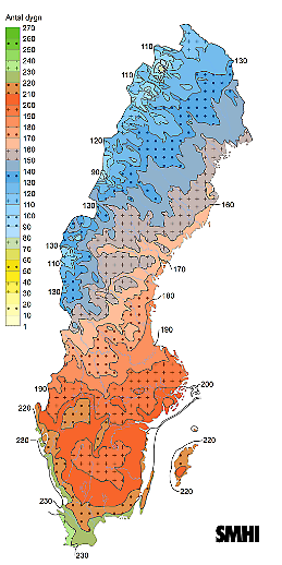 Sverigekarta med vegetationsperiodens längd för normalperioden 1991-2020.