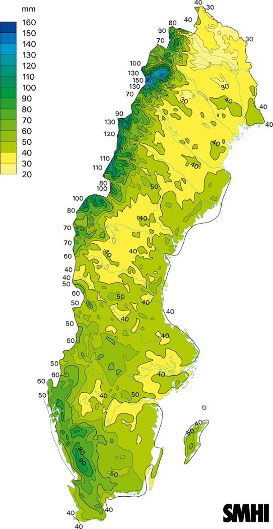 Normalkarta uppmätt nederbörd medelvärde 1961-1980 januari