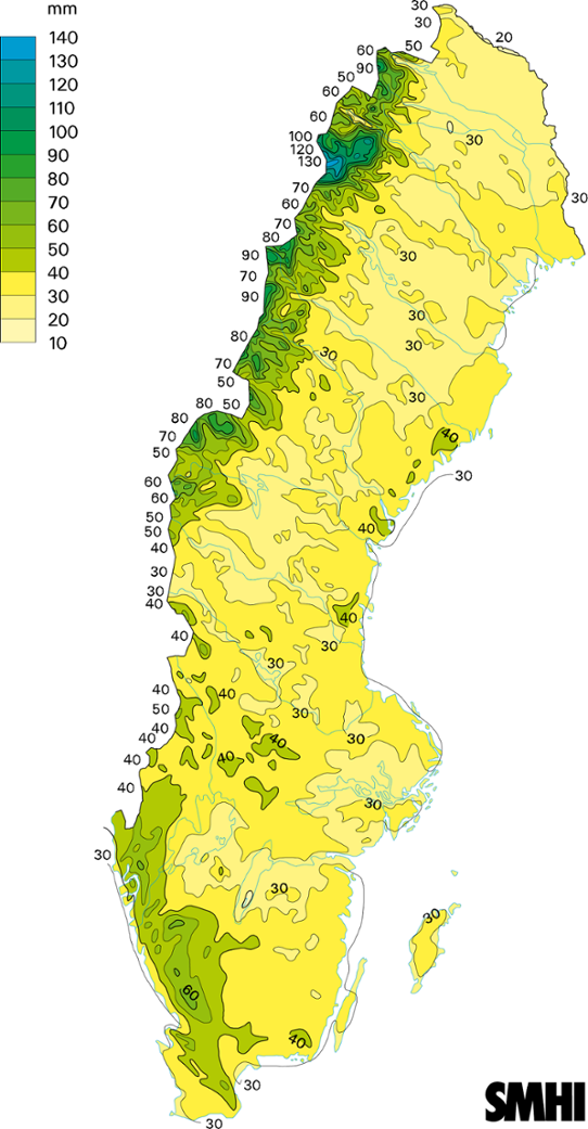 Normalkarta uppmätt nederbörd medelvärde 1961-1990 februari