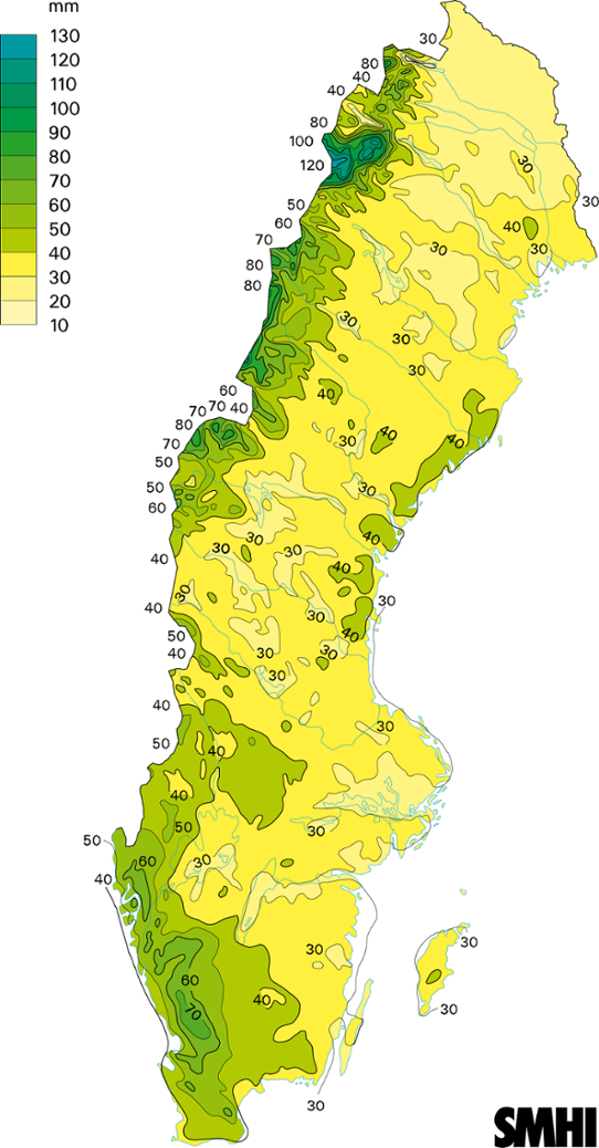 Normalkarta uppmätt nederbörd medelvärde 1961-1990 mars