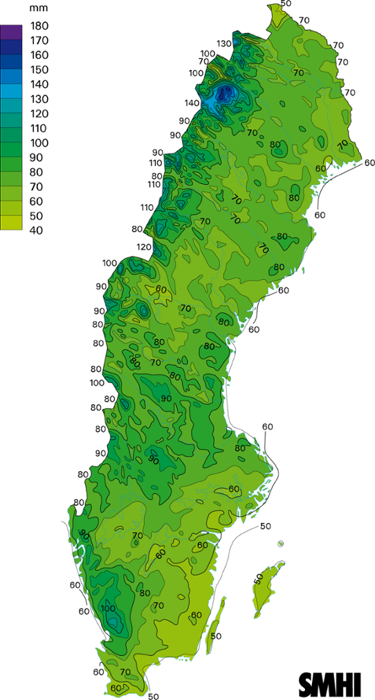 Normalkarta uppmätt nederbörd medelvärde 1961-1990 augusti