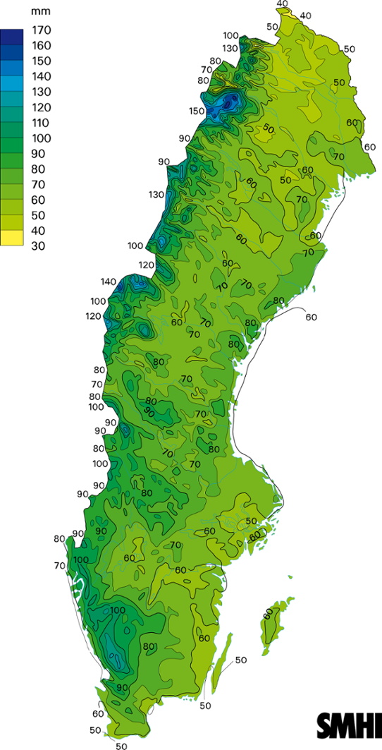 Normalkarta uppmätt nederbörd medelvärde 1961-1990 september