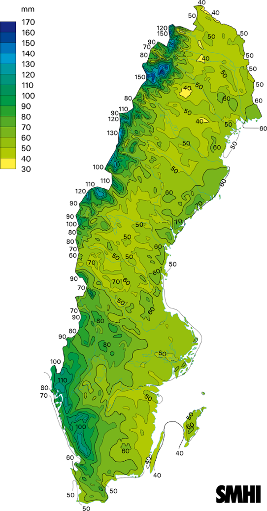 Normalkarta uppmätt nederbörd medelvärde 1961-1990 oktober