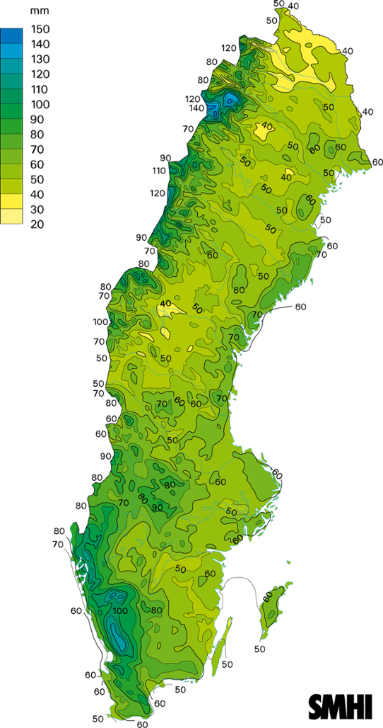 Normalkarta uppmätt nederbörd medelvärde 1961-1990 november