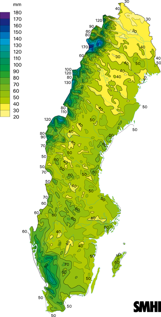 Normalkarta uppmätt nederbörd medelvärde 1961-1990 december