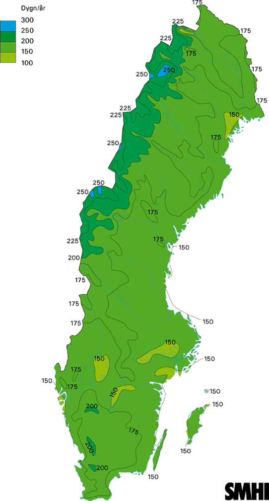 Normalkarta dygnsnederbörd minst 0,1 mm medelvärde 1961-1990