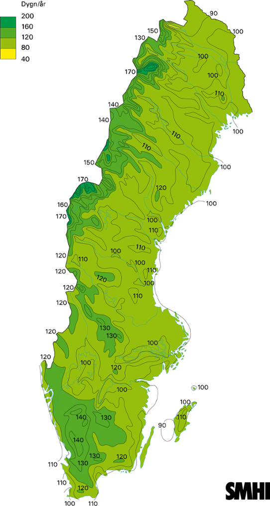 Normalkarta dygnsnederbörd minst 1,0 mm medelvärde 1961-1990