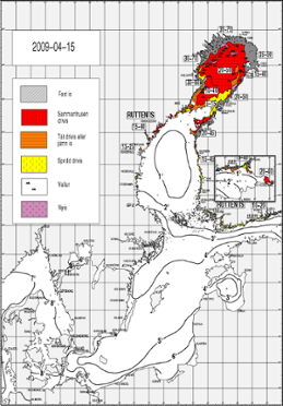 Karta över isutbredning och ytvattentemperatur i havet 15 april 2009