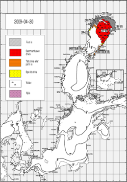 Karta över isutbredning och ytvattentemperatur i havet 30 april 2009