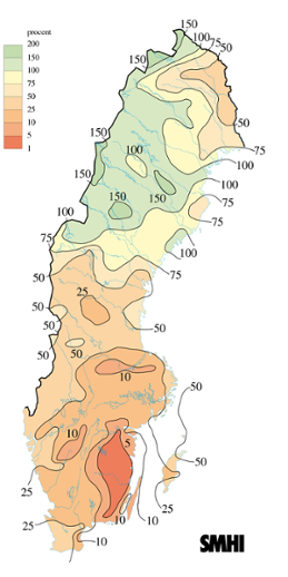 Karta över nederbörd i procent av det normala under april 2009