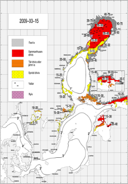 Karta över Isutbredning och ytvattentemperatur i havet 15 mars 2009