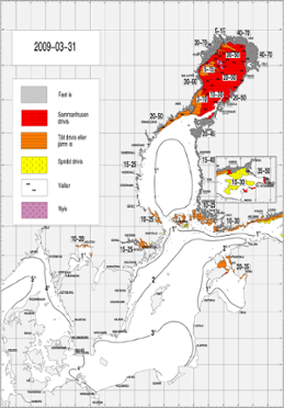 Karta över Isutbredning och ytvattentemperatur i havet 31 mars 2009 